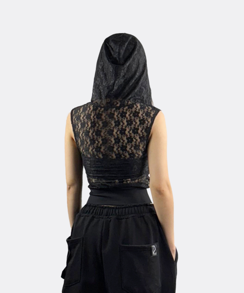 Lace sheer sleeveless hoodie