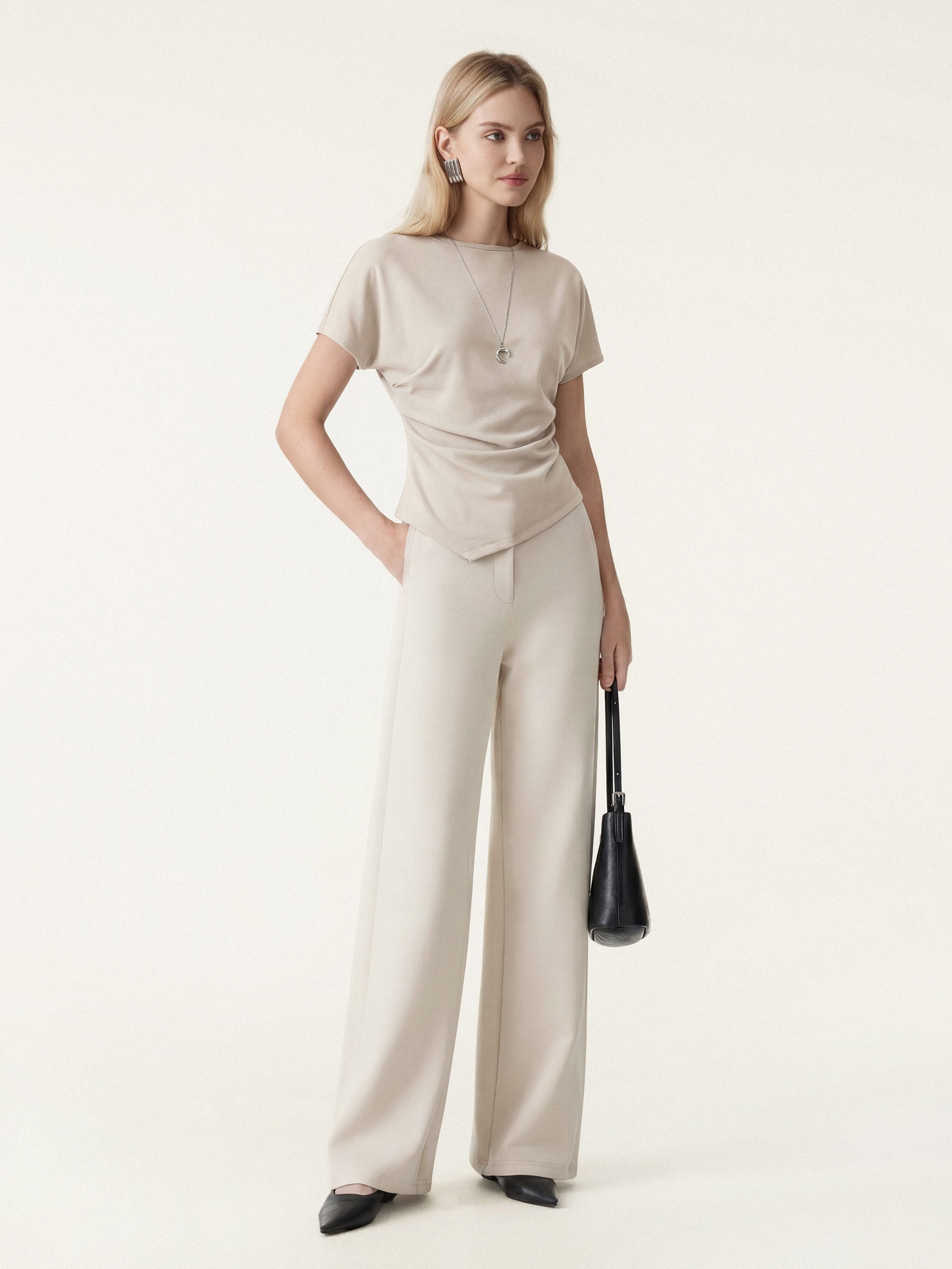 2Pcs Set Boatneck Angled Tee & Mid Rise Wide Leg Trousers - Ash Beige/Morning Mist / XS