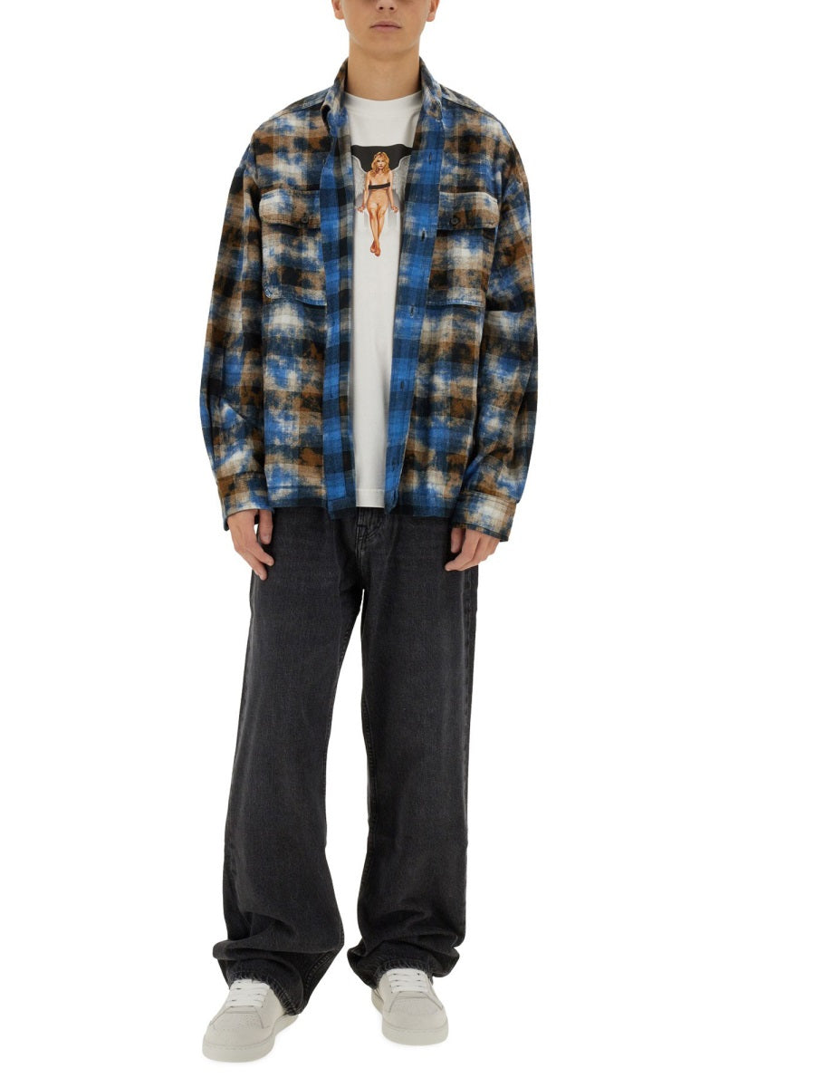 Men's Curved Logo Check Shirt in Light Blue