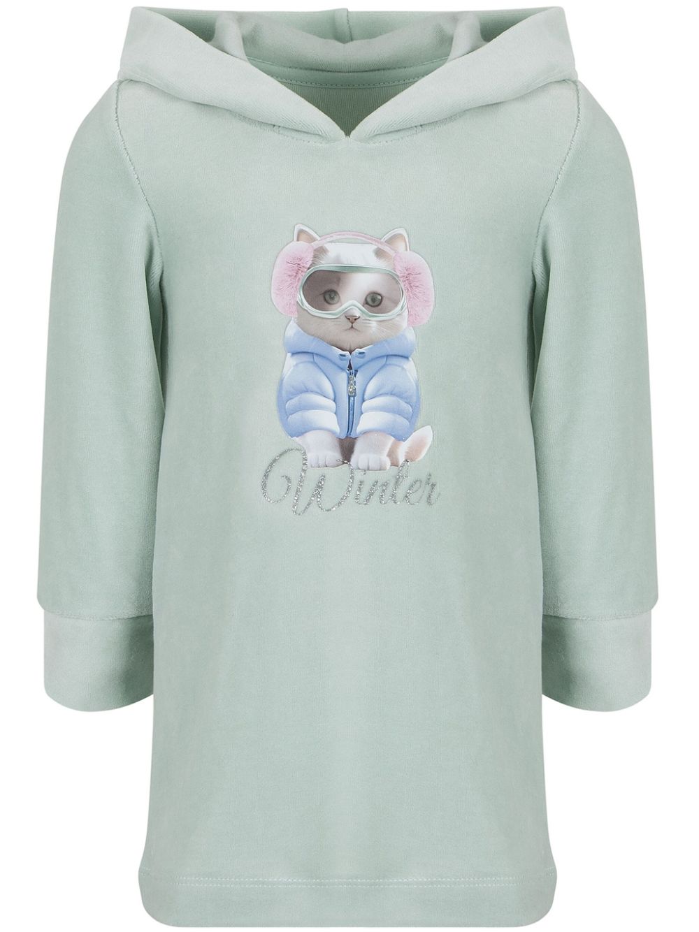 Cat-print hooded cotton dress - Green