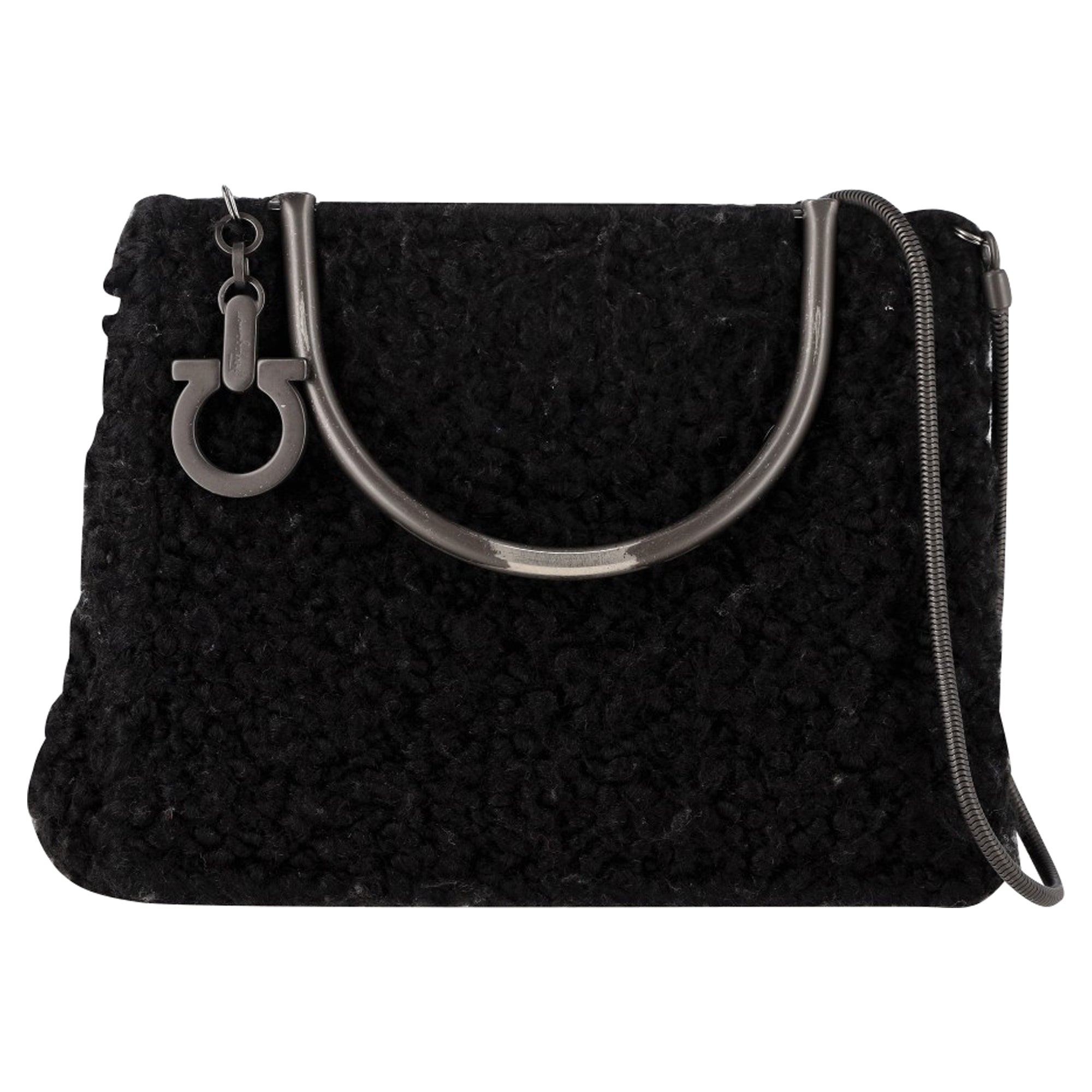 Sheared Top Handle Bag in Black Wool