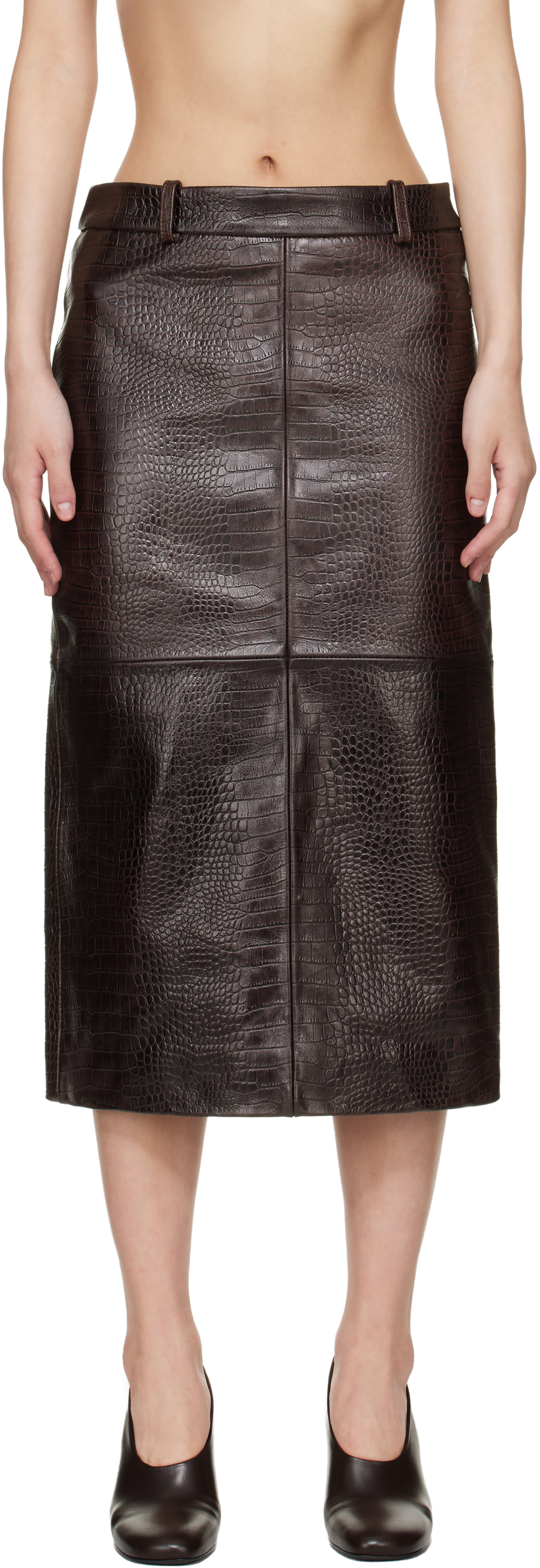 Brown Taney Pencil Croc Leather Midi Skirt