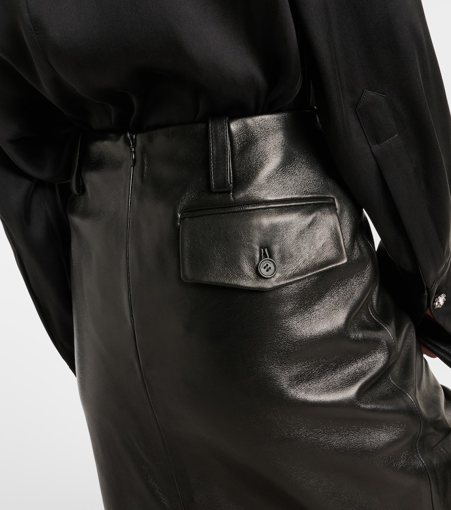 Lace-trimmed leather midi skirt