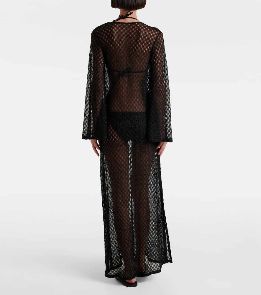 Open-knit tie-neck lamé kaftan