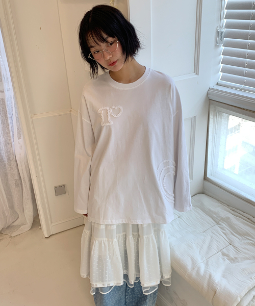 HEART EMBROIDERED LONG SLEEVE T SHIRT WHITE