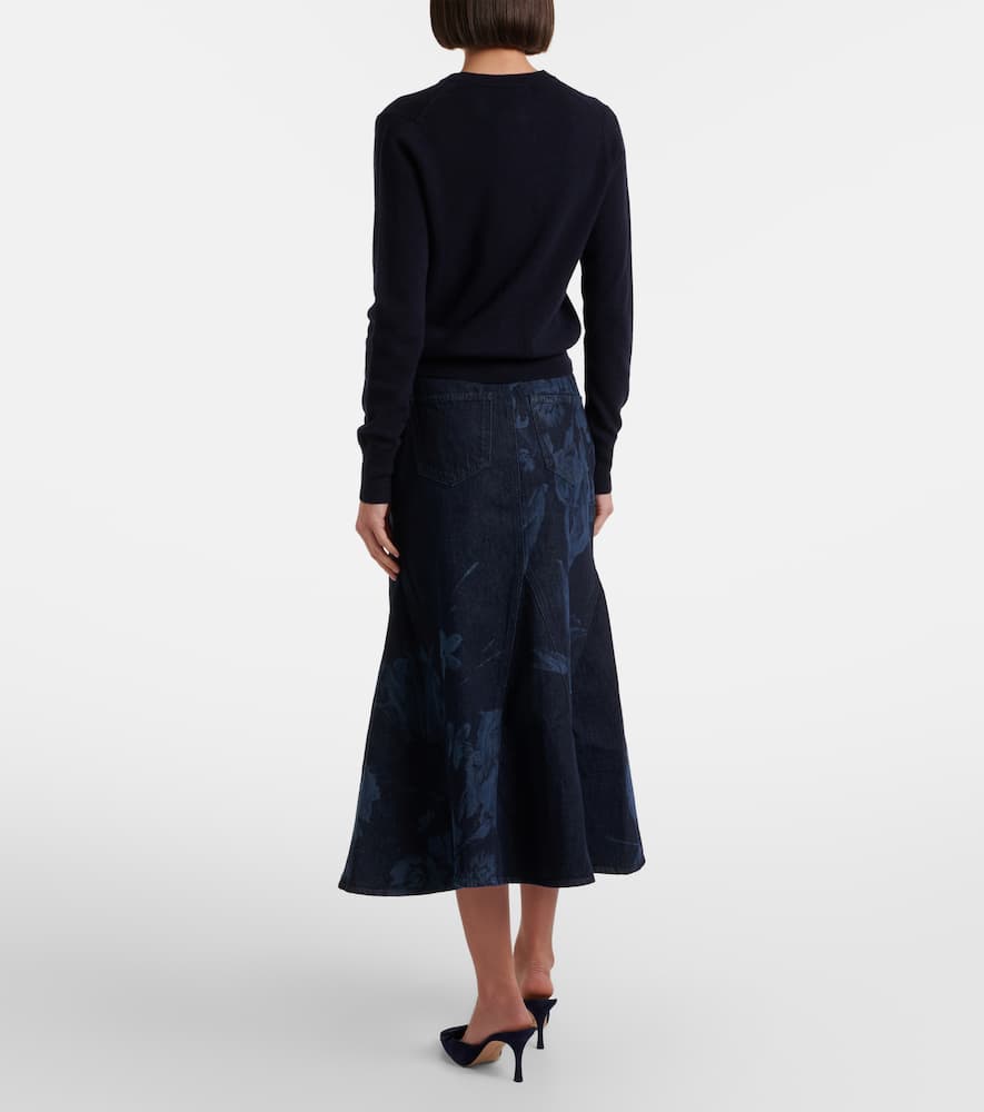 Floral flared denim midi skirt