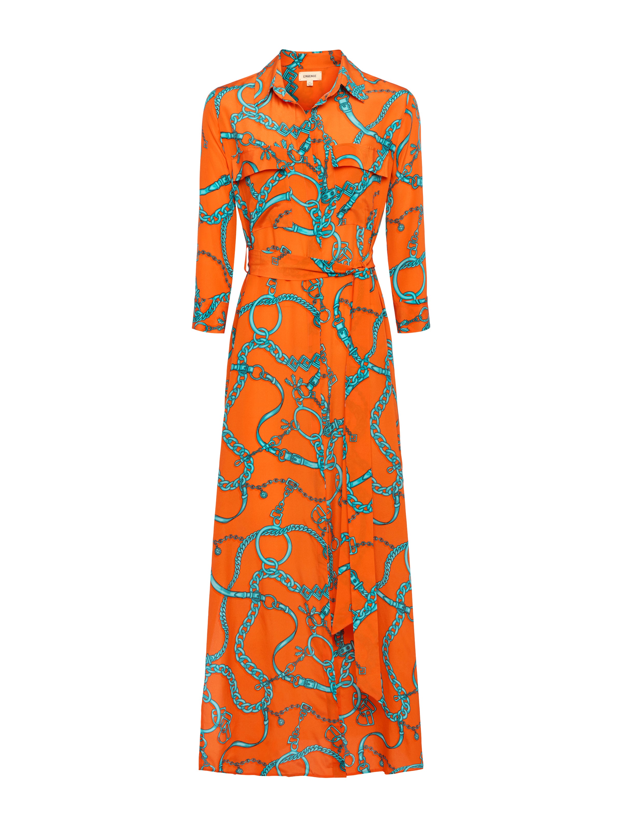 Cameron Silk Shirt Dress In Orange/Teal Buckle Chain