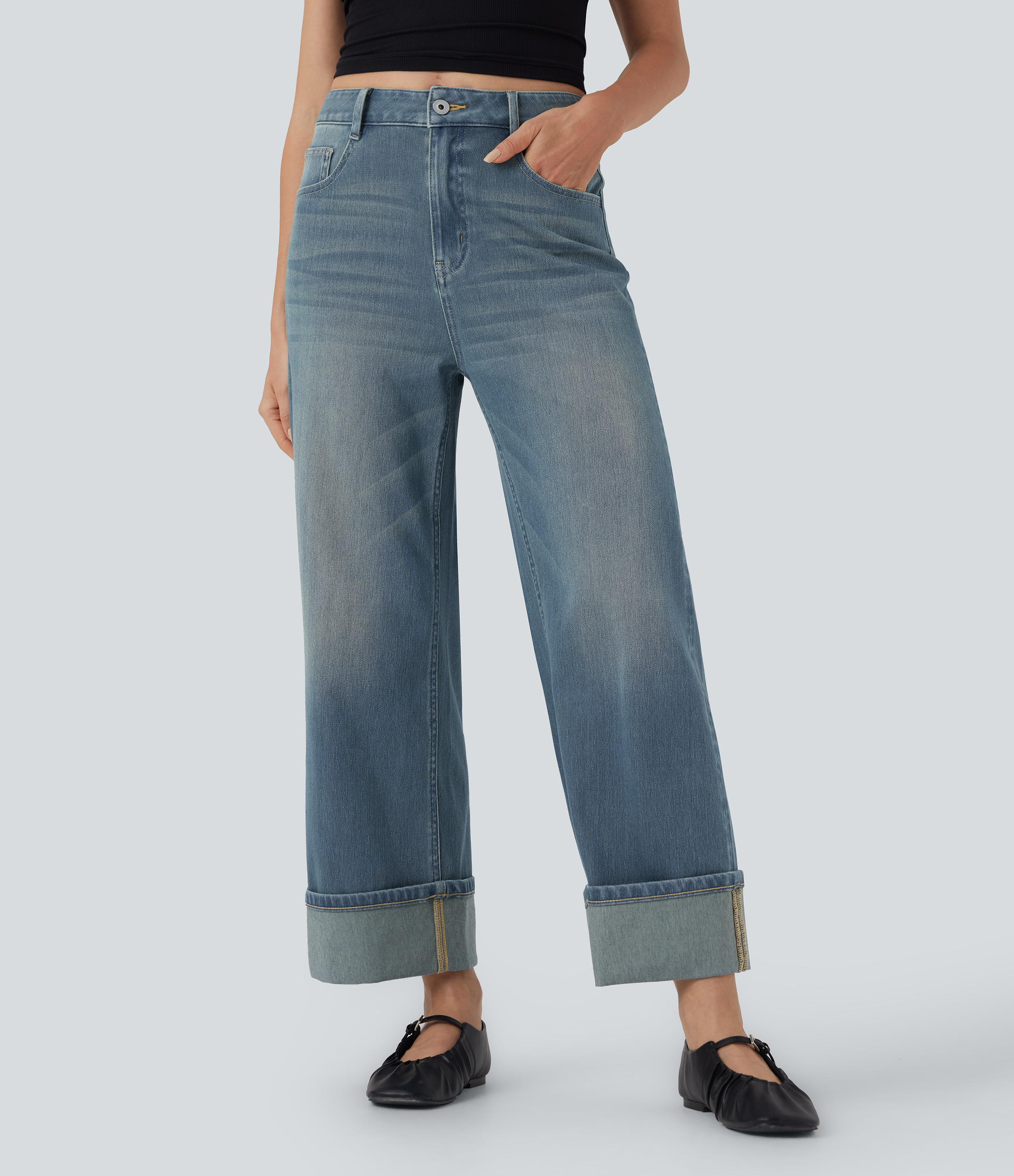 Flex™ High Waisted Pockets Rolled Hem Wide Leg Washed Casual Jeans  - Blue Surf Denim