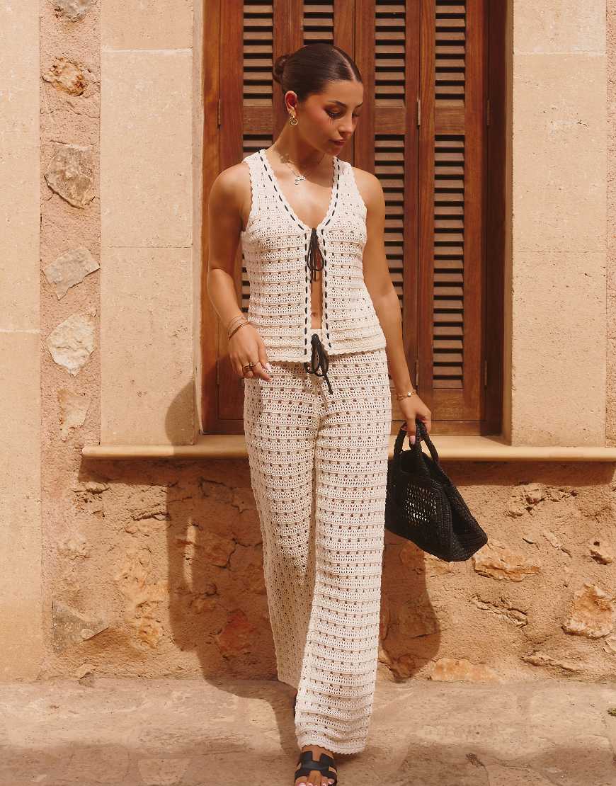 The Frolic x Lydia Kara exclusive crochet contrast thread trim wide leg beach pants in cream - part of a set-White