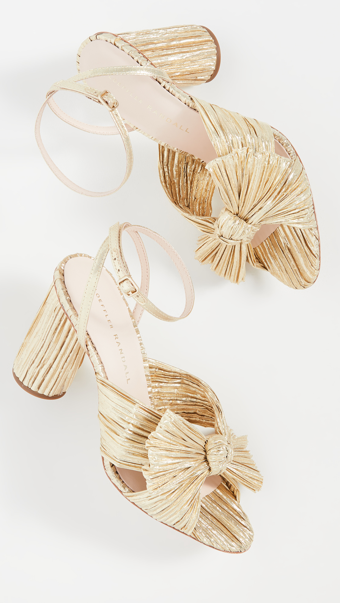 Camellia Gold Pleated Bow Heel with Ankle Strap