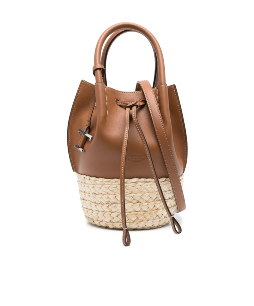 Bucket Bag in Straw and Leather Mini