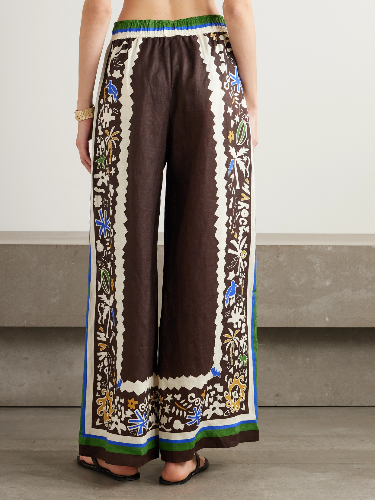 Printed Linen Wide-leg Pants - Brown