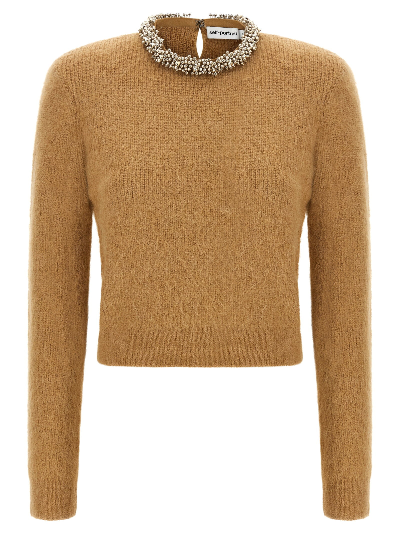 Jewel-Embroidered Crew Neck Sweater — Camel