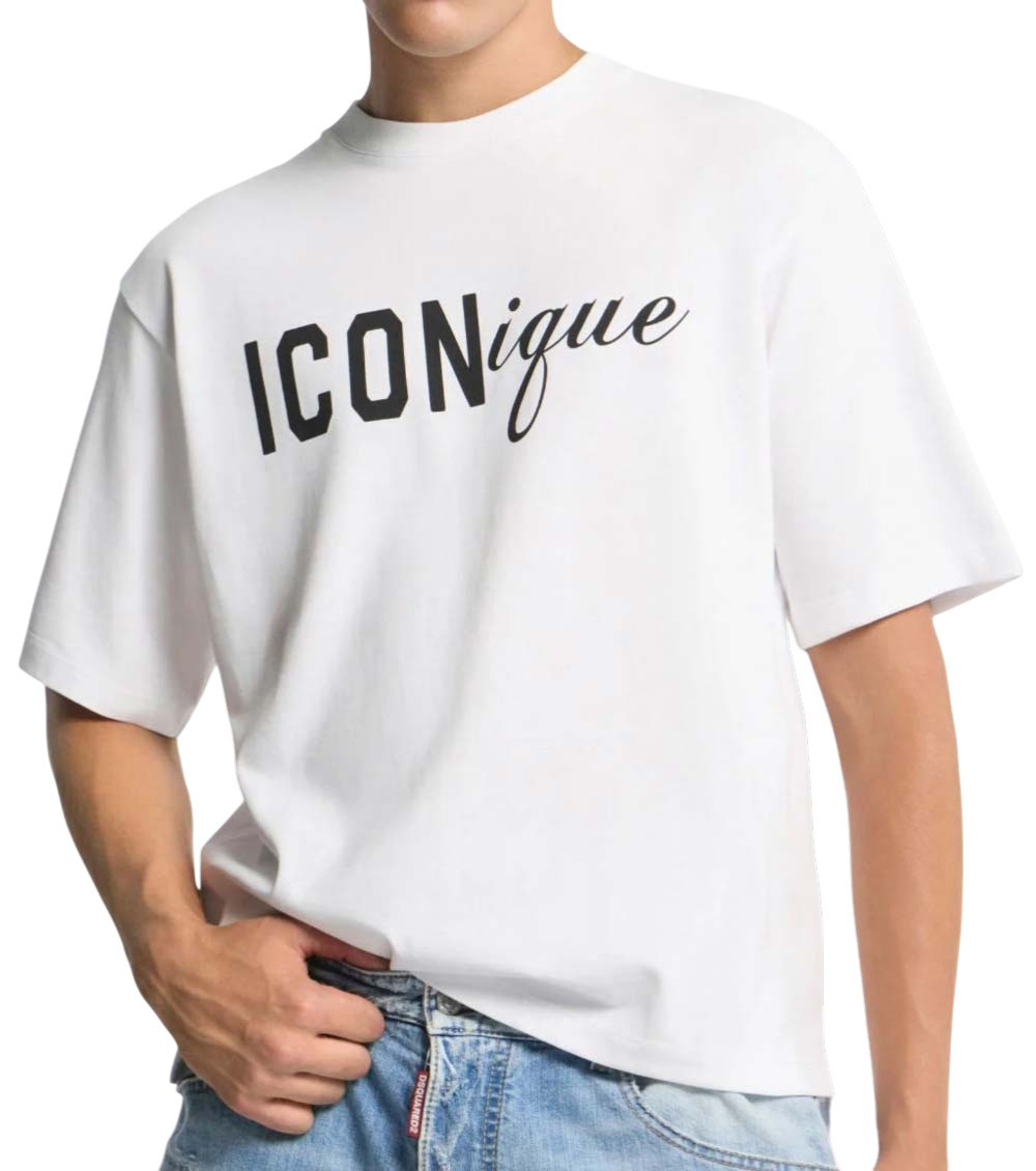 White Crew Neck T-shirt With Raised Collar And Maxi Logo On The Front In Cotton Man