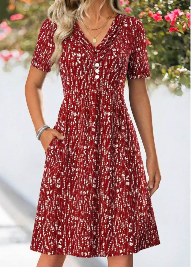 Modlily Wine Red Ditsy Floral Print Tuck Stitch Dre