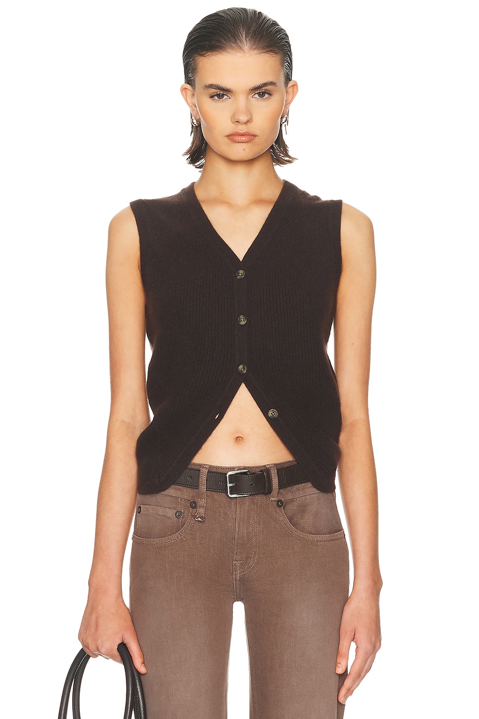 R13 Ribbed Wrap Around Vest in Dark Brown - Brown.  XS also in
