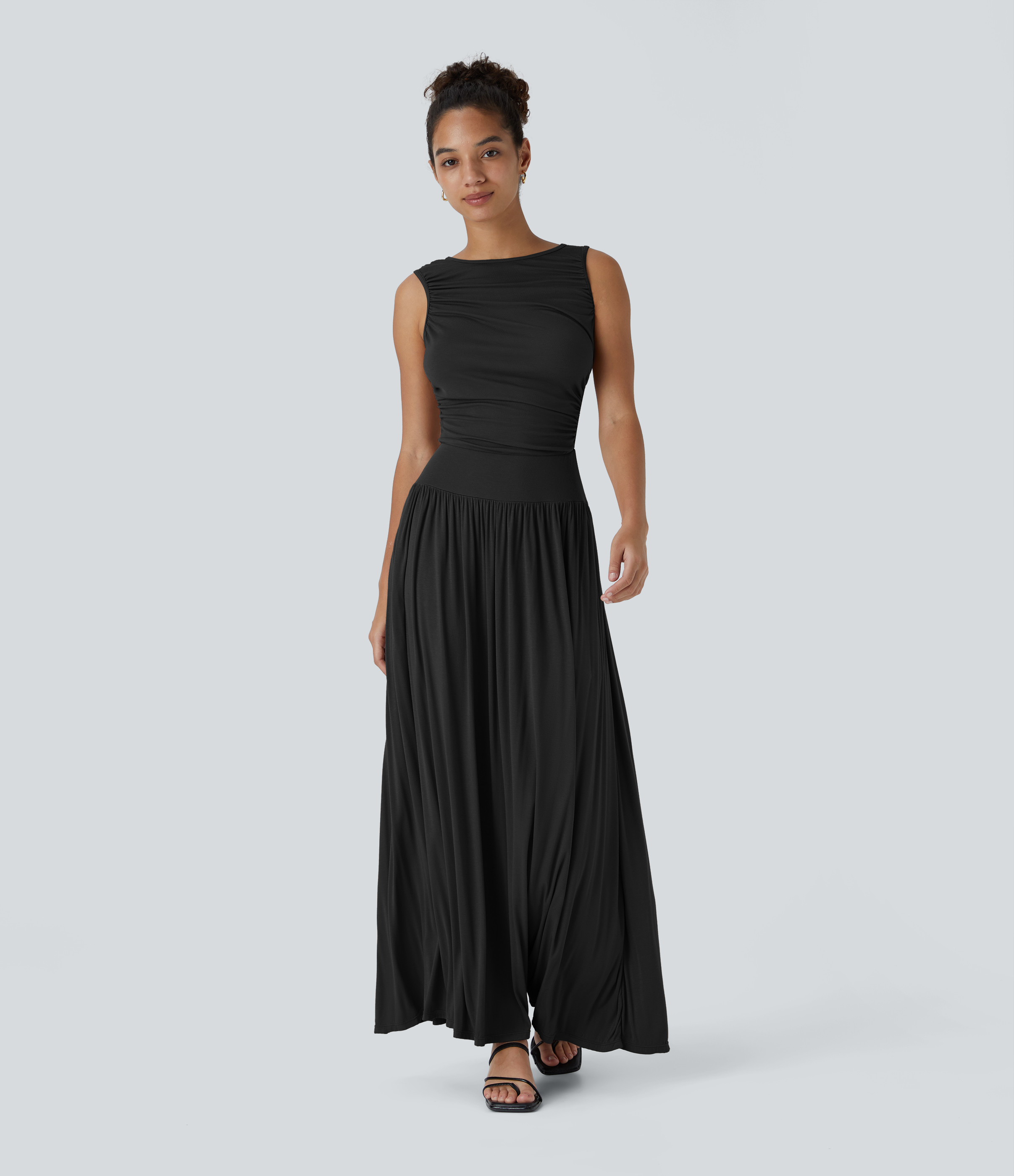 Ribbed Boat Neck Asymmetric Strap Ruched Pocket Flowy Maxi Casual Dress Casual Dress - Black