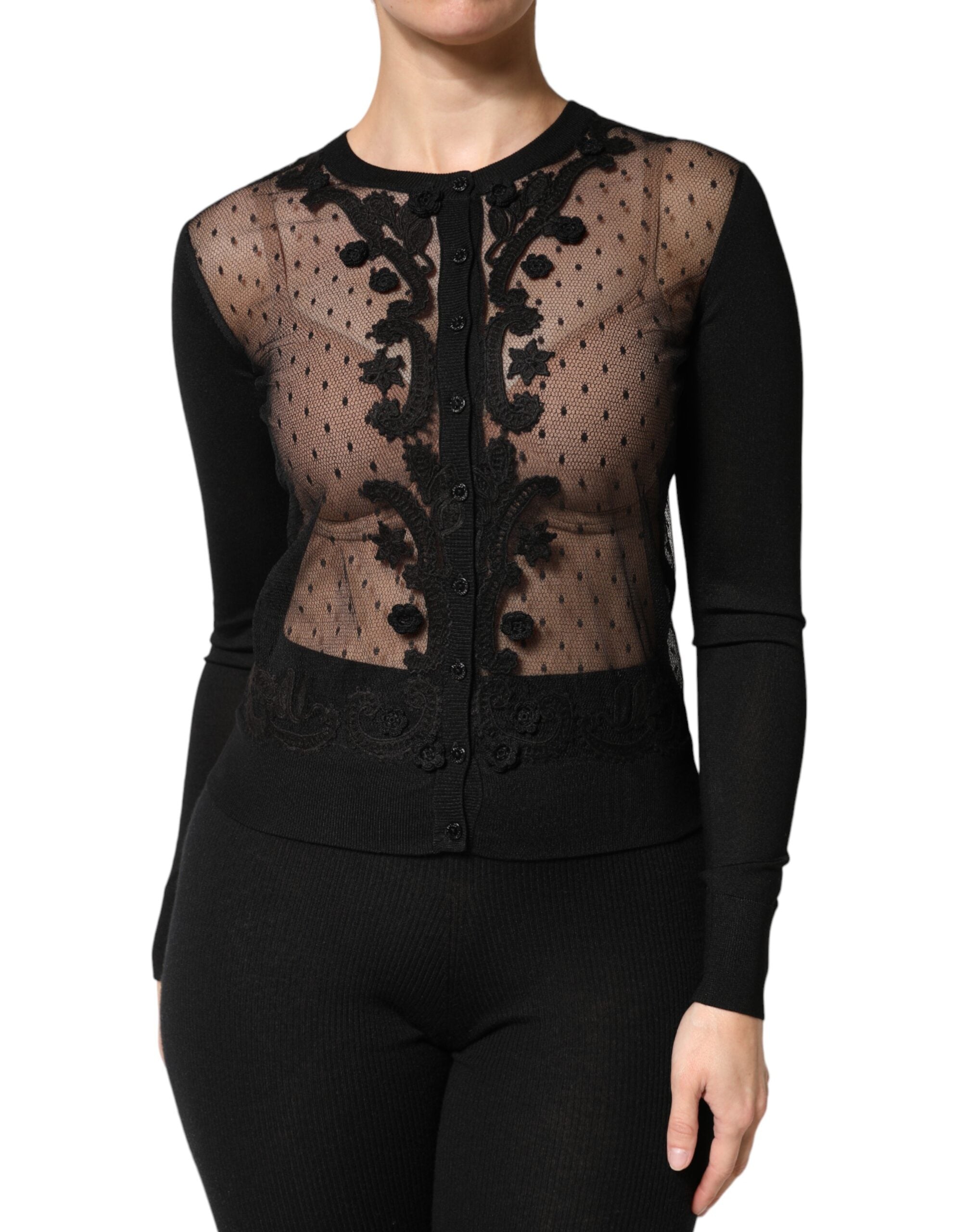 Lace-Panelled Button-Down Cardigan — Black