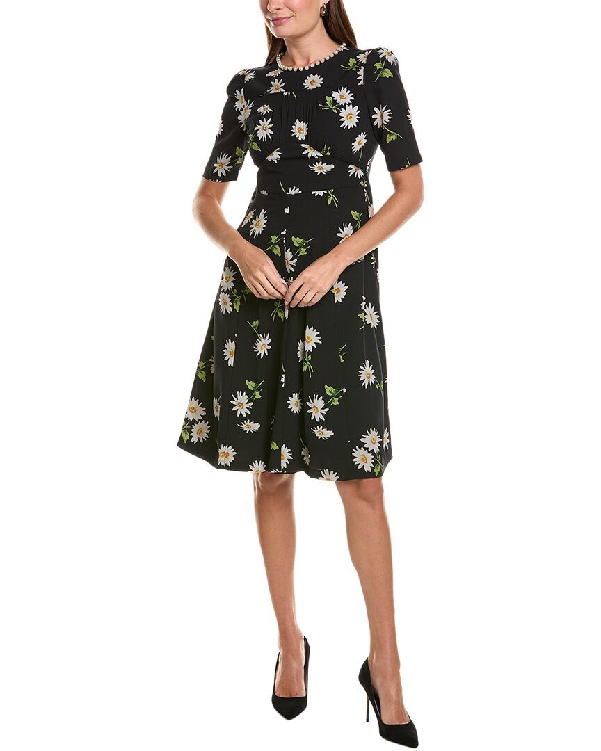 Crepe Daisy Print Pearl-Trim A-Line Dress