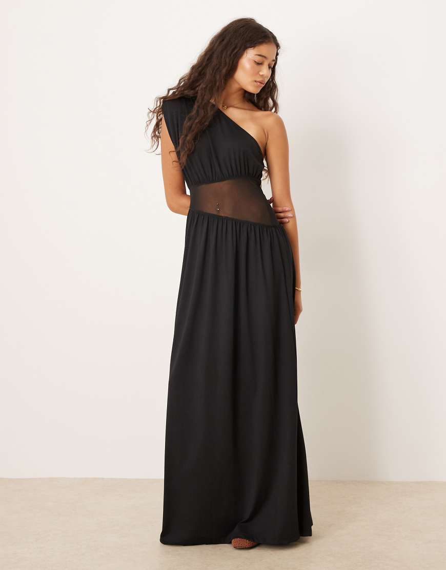 One shoulder mesh paneled maxi dress in black