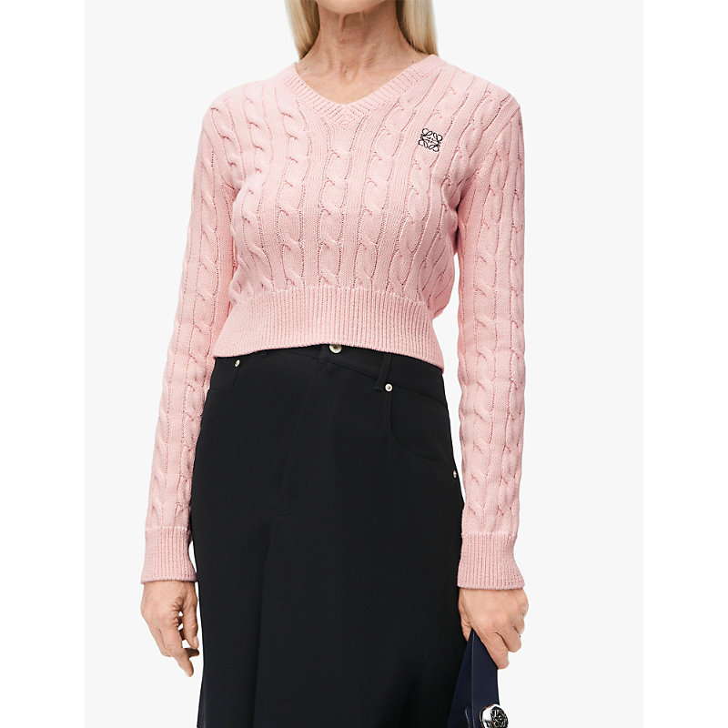 Womens Baby Pink Branded V-neck Cotton-knitted Jumper