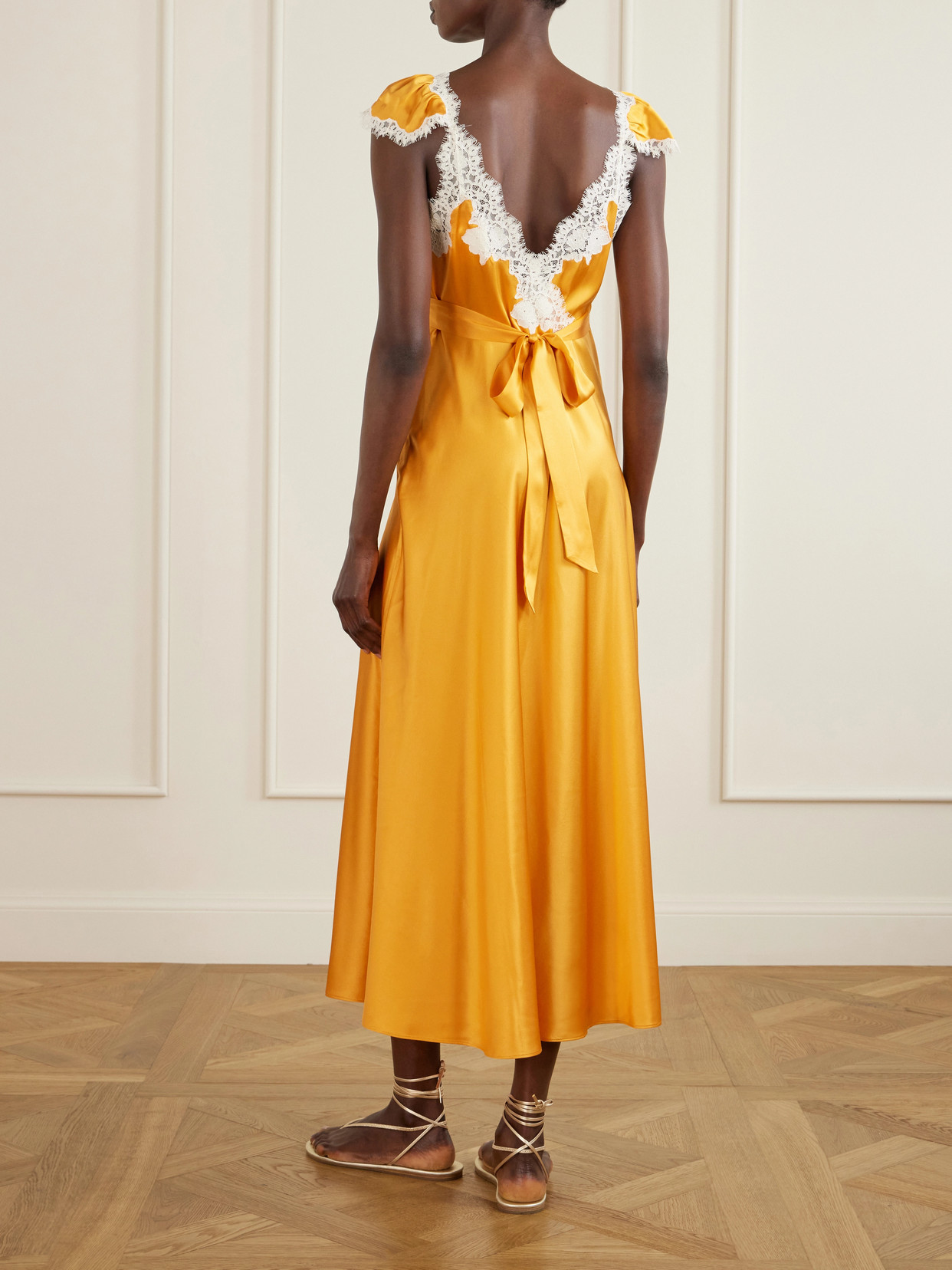 Fiona Lace-trimmed Silk-satin Midi Dress - Orange