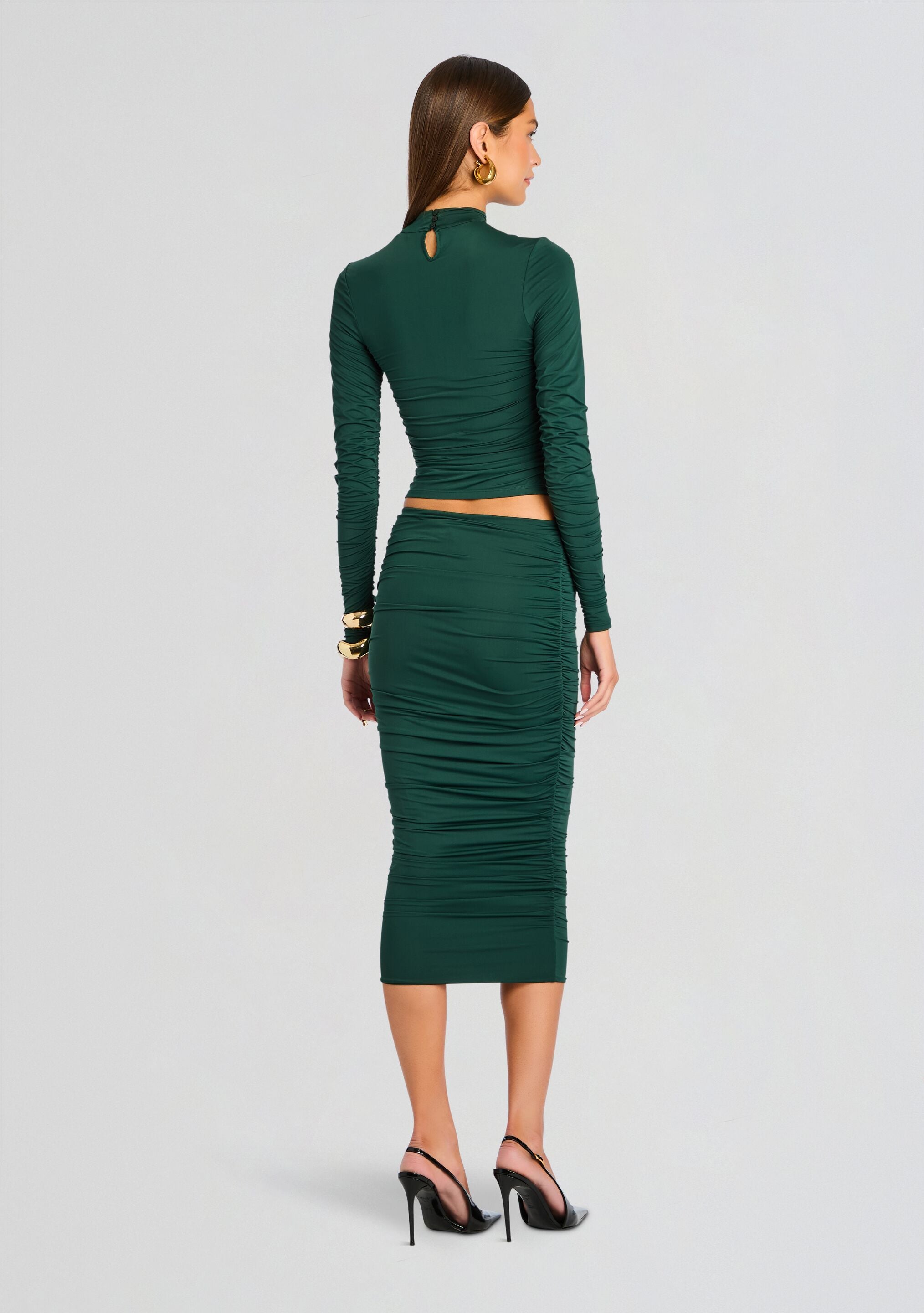 Darcy Mid Rise Ruched Midi Skirt