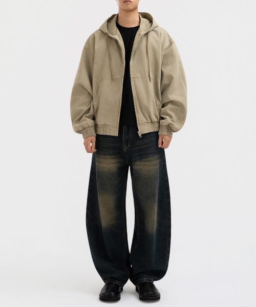 Light Beige Cropped Hooded Zip-Up Work Jacket