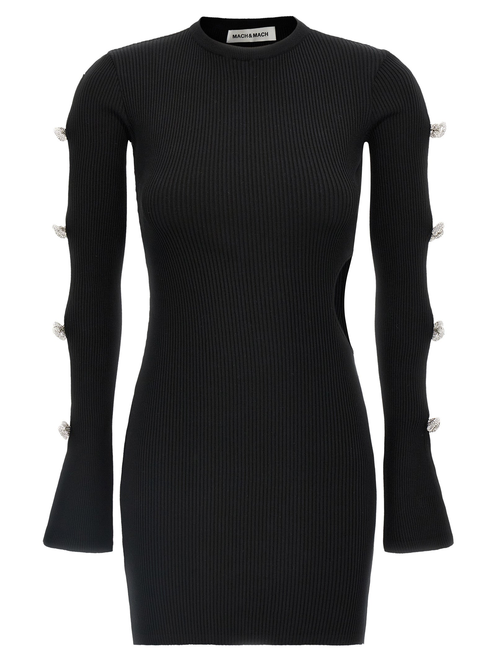 Rhinestone-Bow Ribbed Viscose Bodysuit — Black