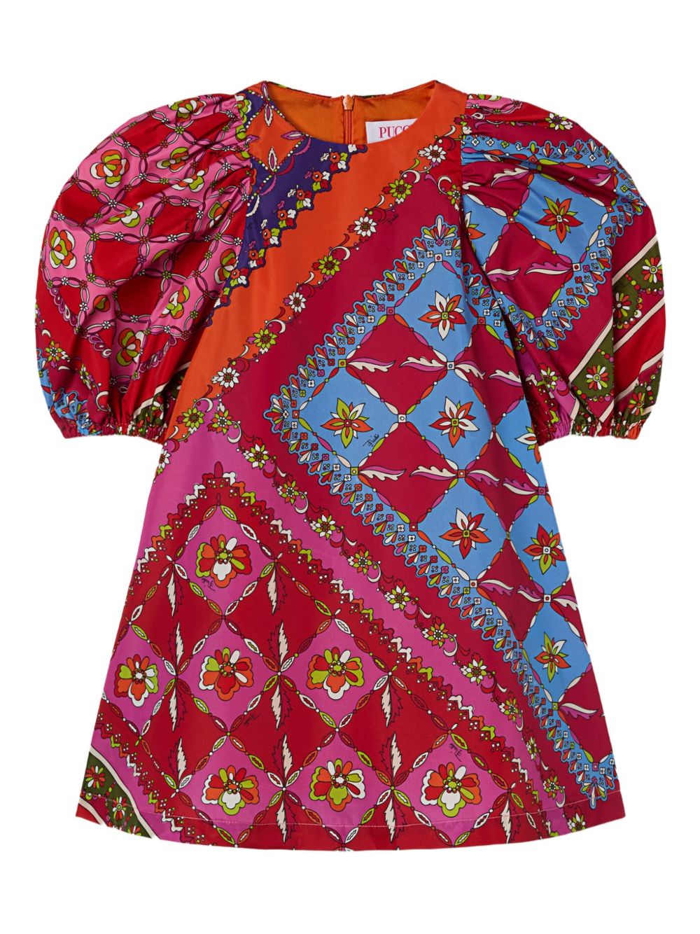 Puff-sleeve Festa-print dress - Red