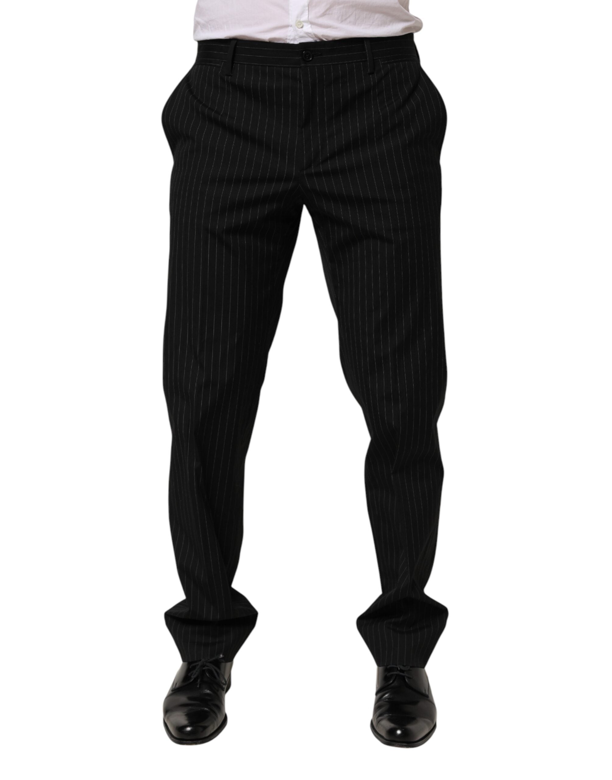 Pinstriped Wool Blend Trousers — Black