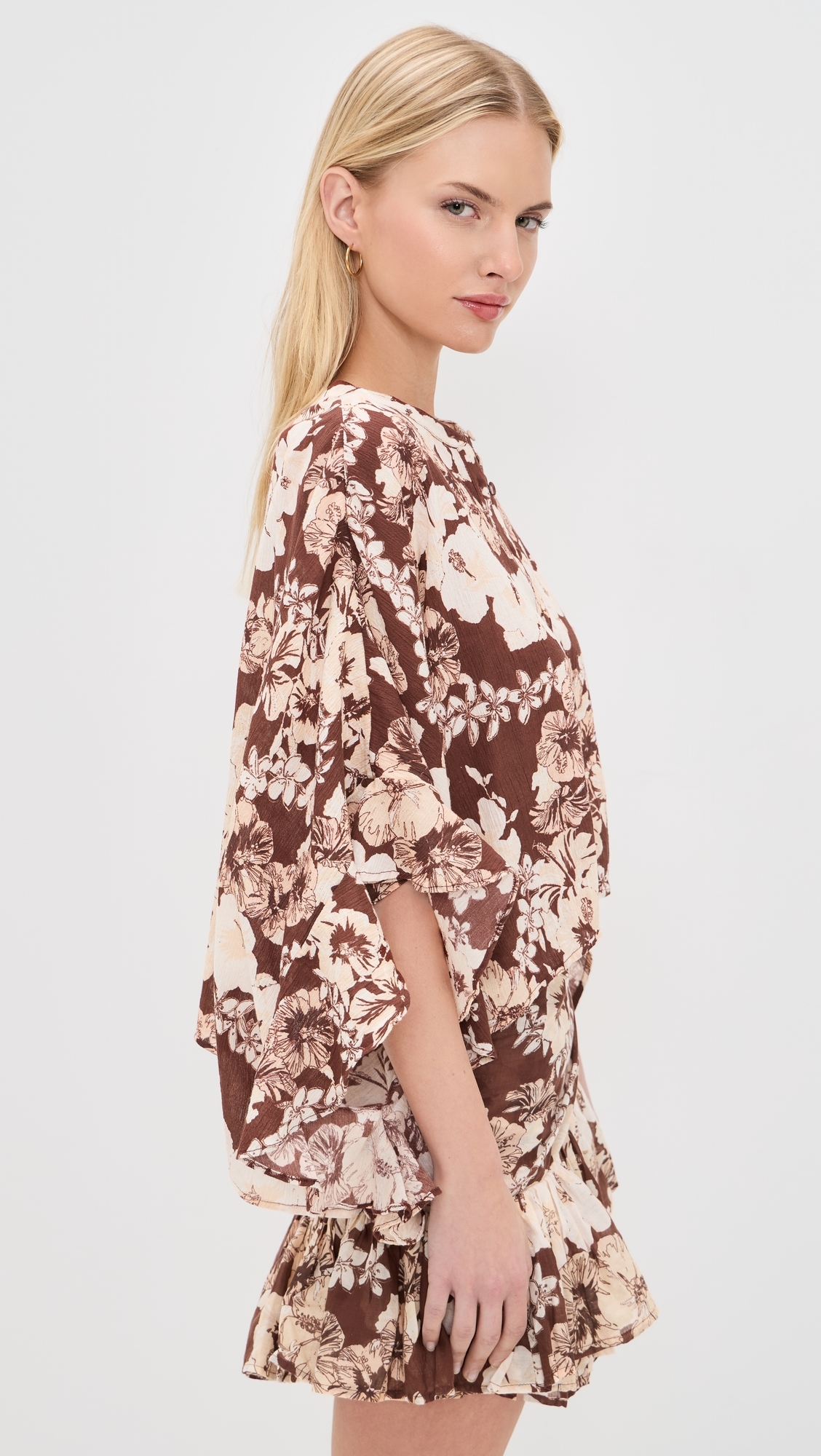 Button Front Scarf Top Hibiscus Tropical Coconut One Size