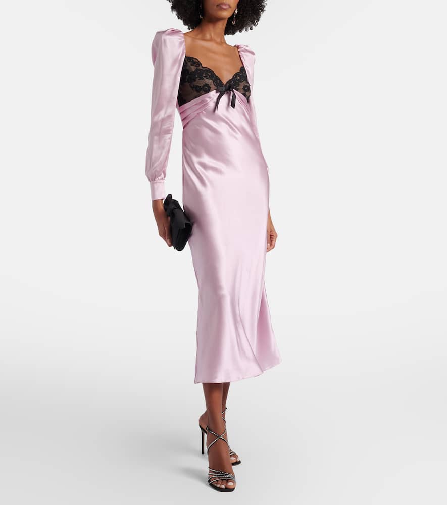 Lace-trimmed silk satin midi dress