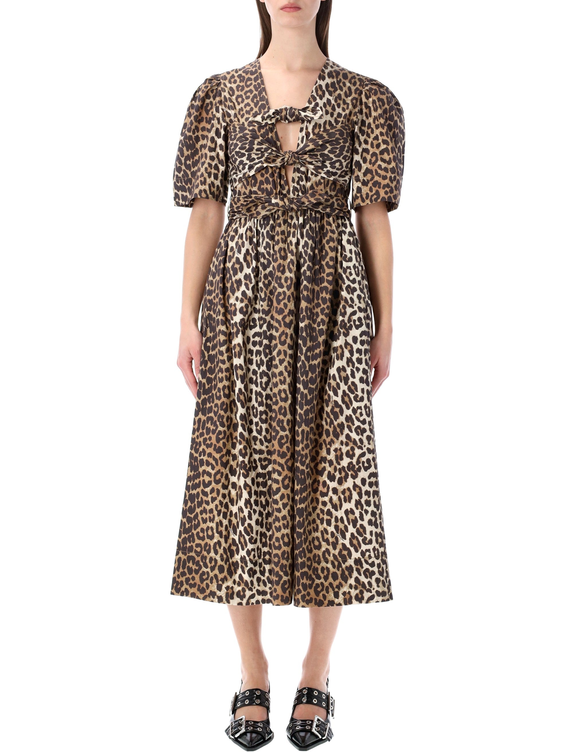 Belted Bow-embellished Leopard-print Cotton-poplin Midi Dress