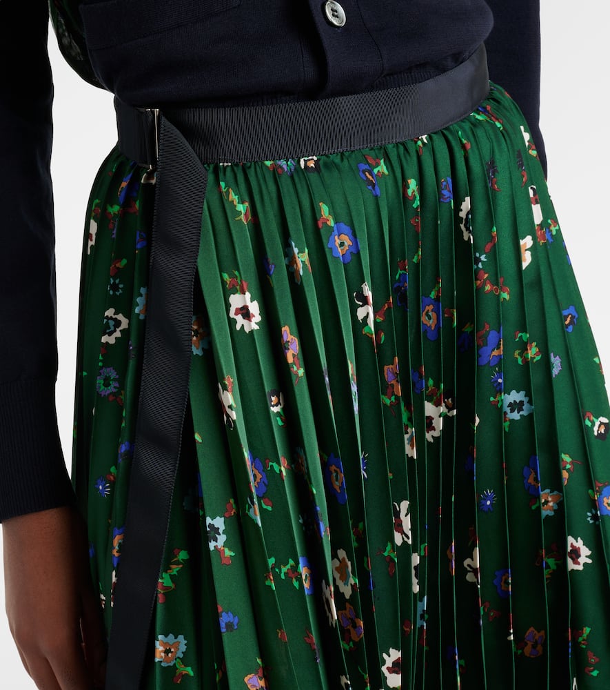Floral plissé satin midi skirt