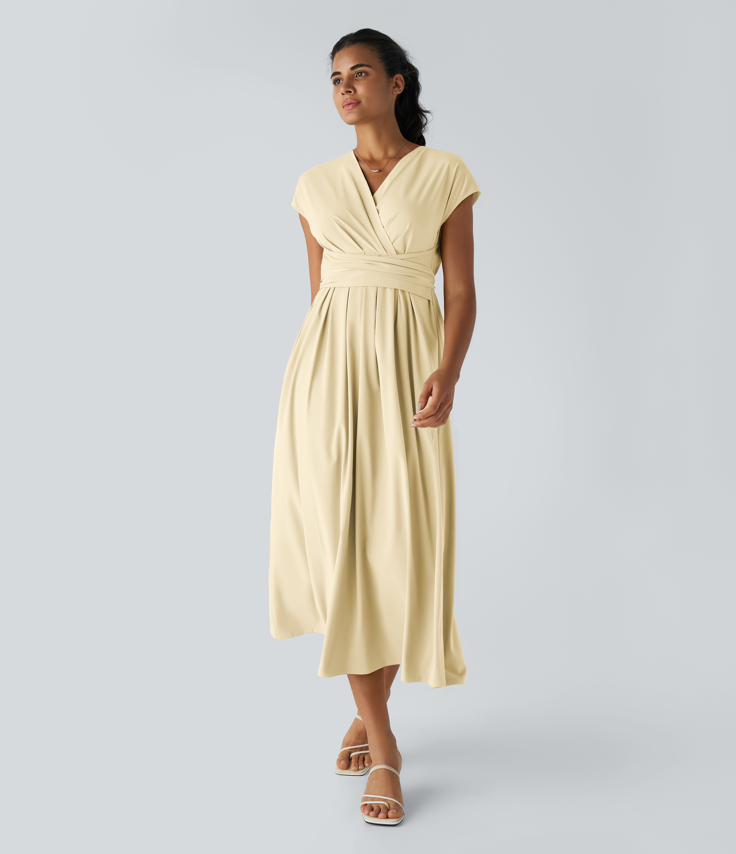 Breezeful™ V Neck Short Sleeve Pocket Tie Back Quick Dry Midi Casual Dress-Longer Length Casual Dress - Afterglow