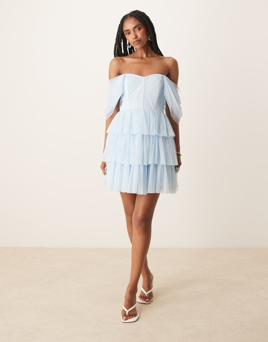 Lace & Beads off shoulder corset tulle mini dress in sky blue