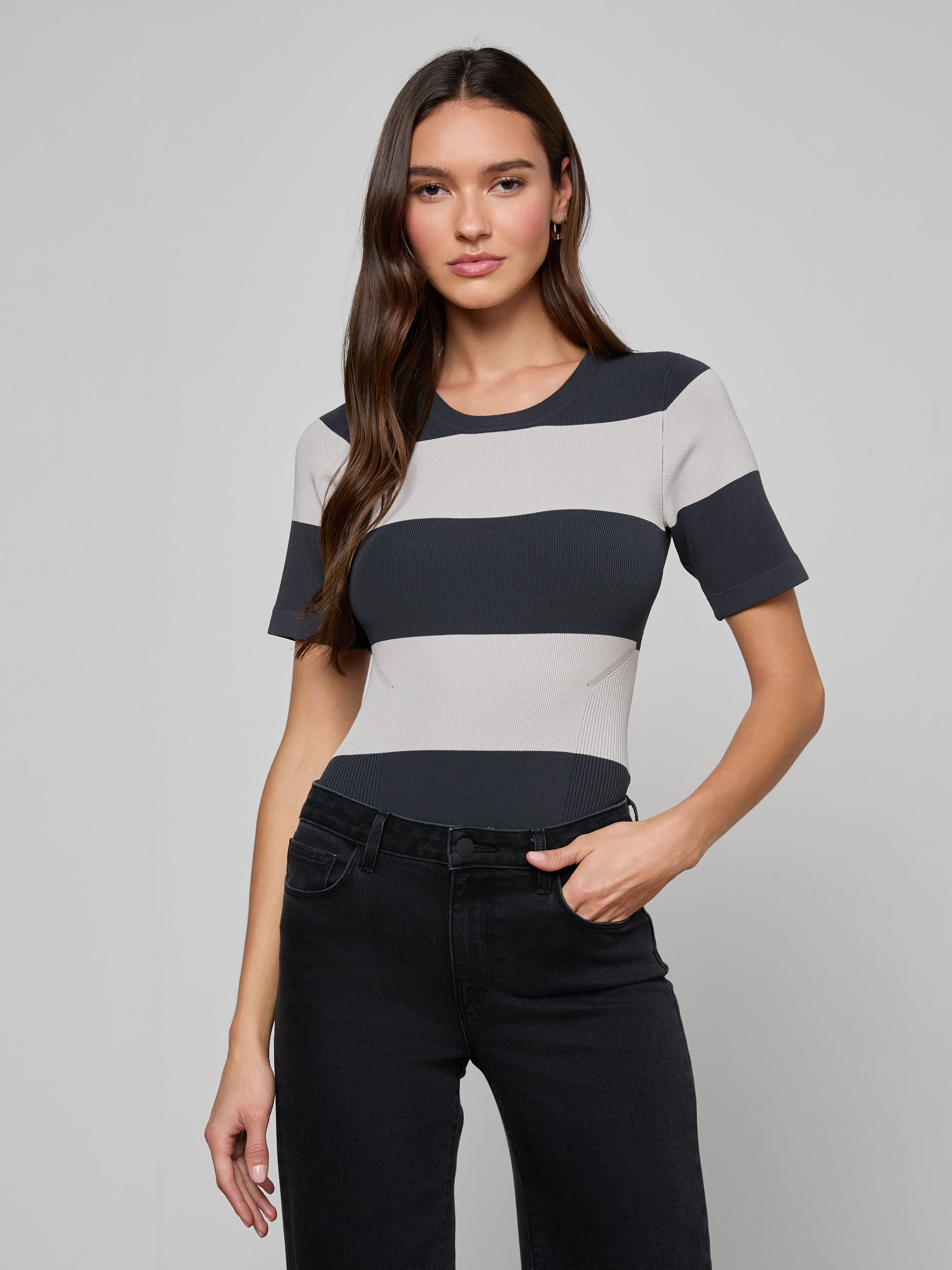 Rosemond Bodysuit In Dark Slate/light Grey Stripe