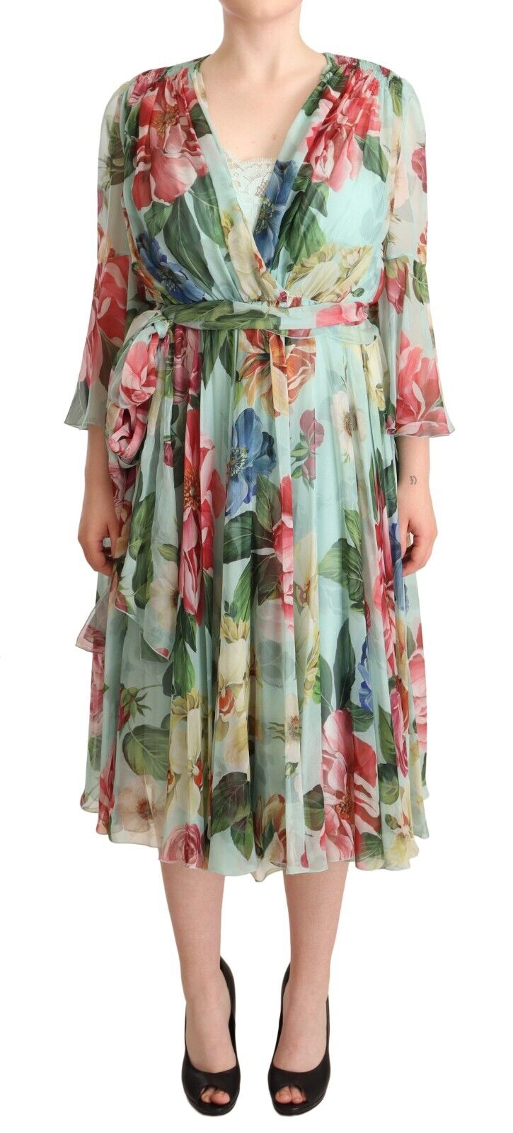 Floral Silk Wrap Midi Dress — Green