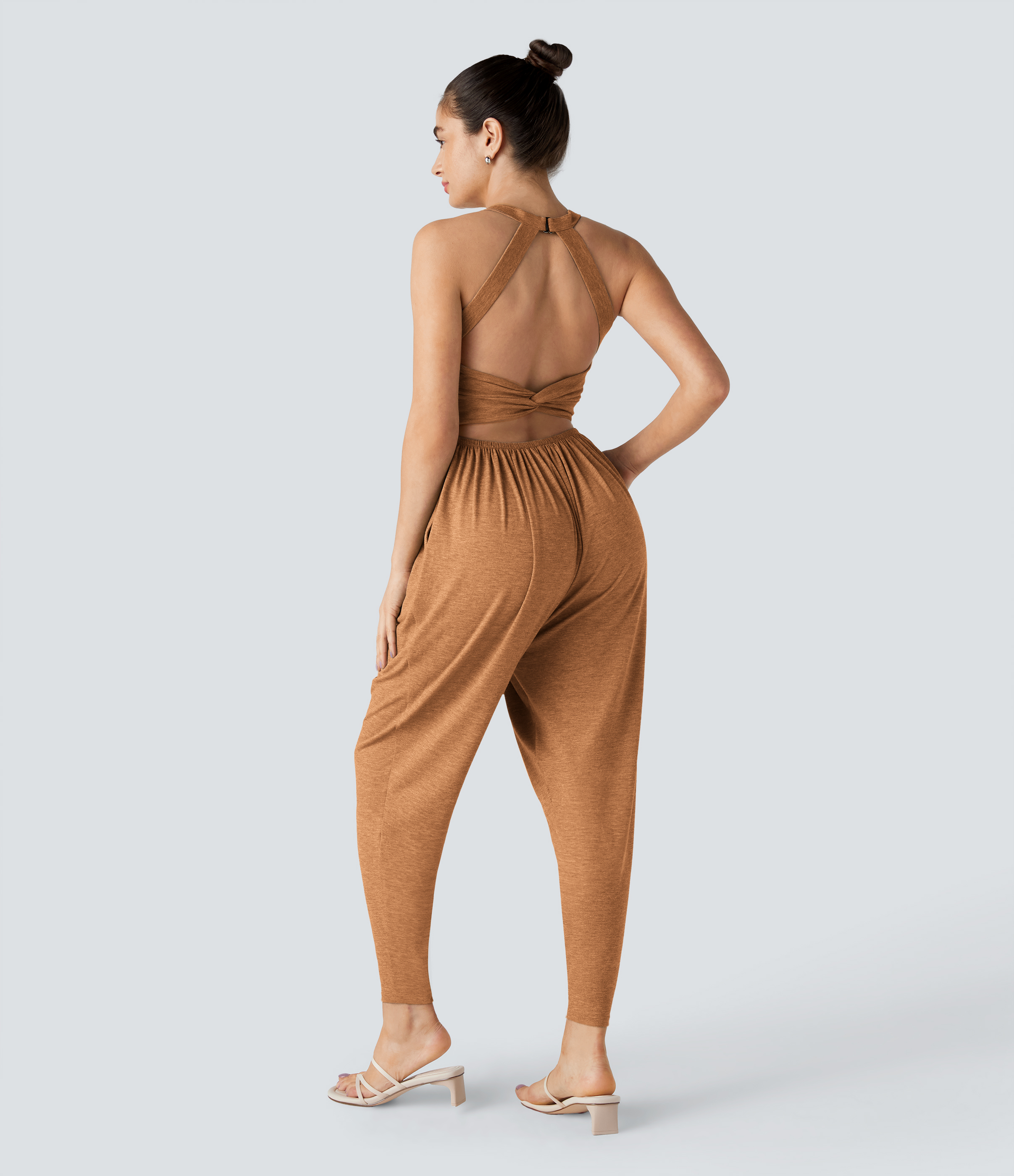 U Neck Pocket Harem Casual Jumpsuit-Easy Peezy Edition  - Pumpkin Orange Floral Yarn