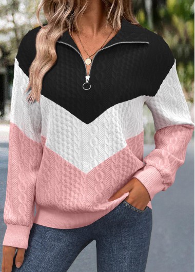 Modlily Pink Jacquard Long Sleeve Turn Down Collar Sweatshirt