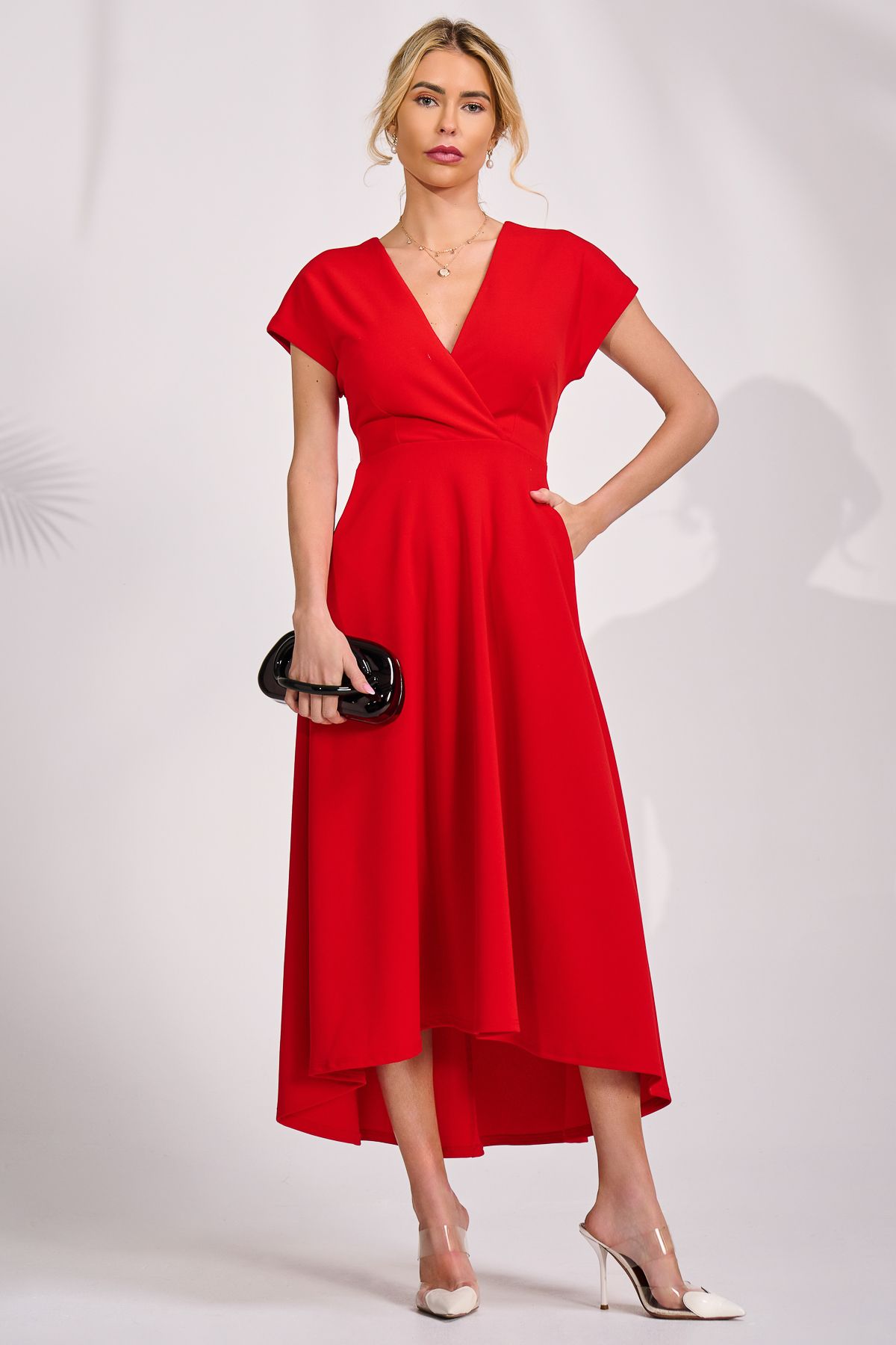 Jolie Moi Women's Scuba Dipped Hem Maxi Dress in Red