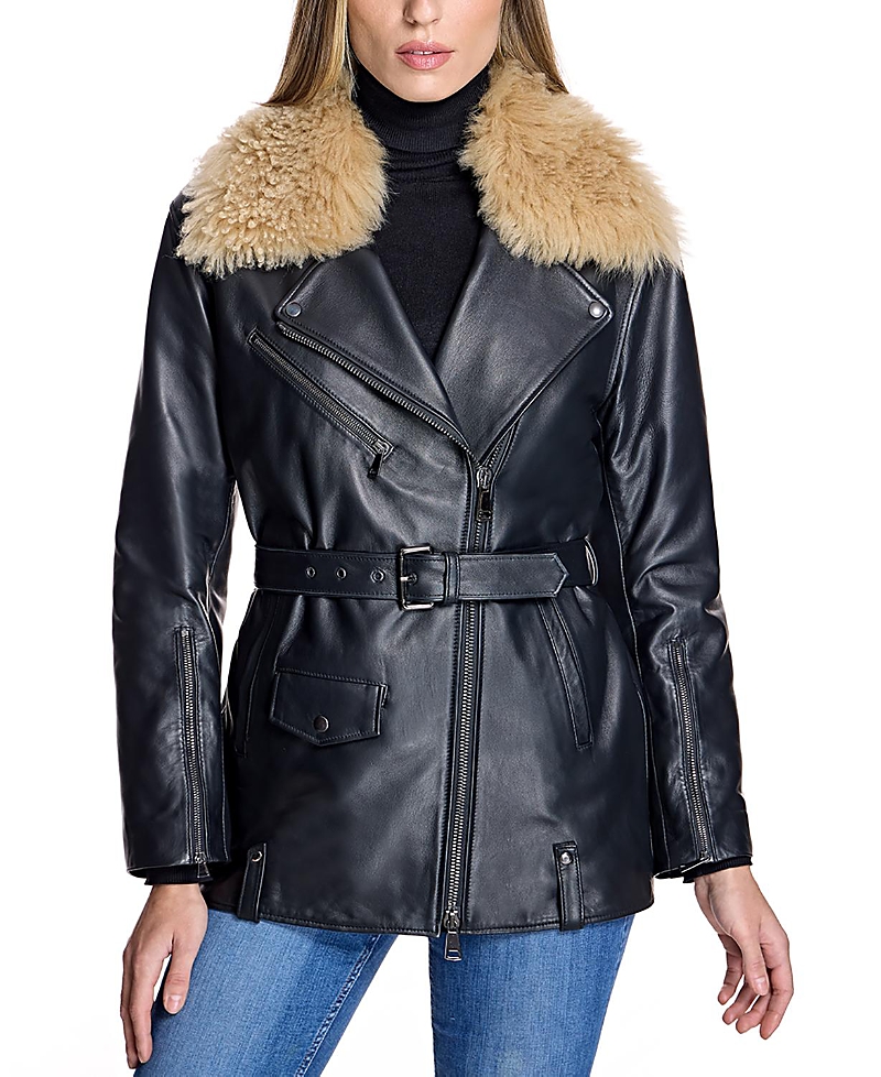 Leather Moto Jacket with Detachable Shearling Collar