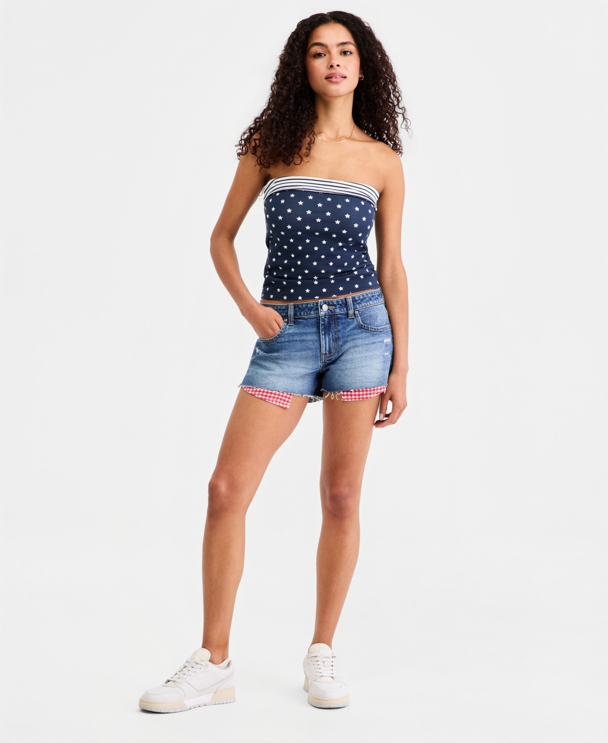 Juniors' Gingham Exposed-Pocket Denim Shorts - Tetcott