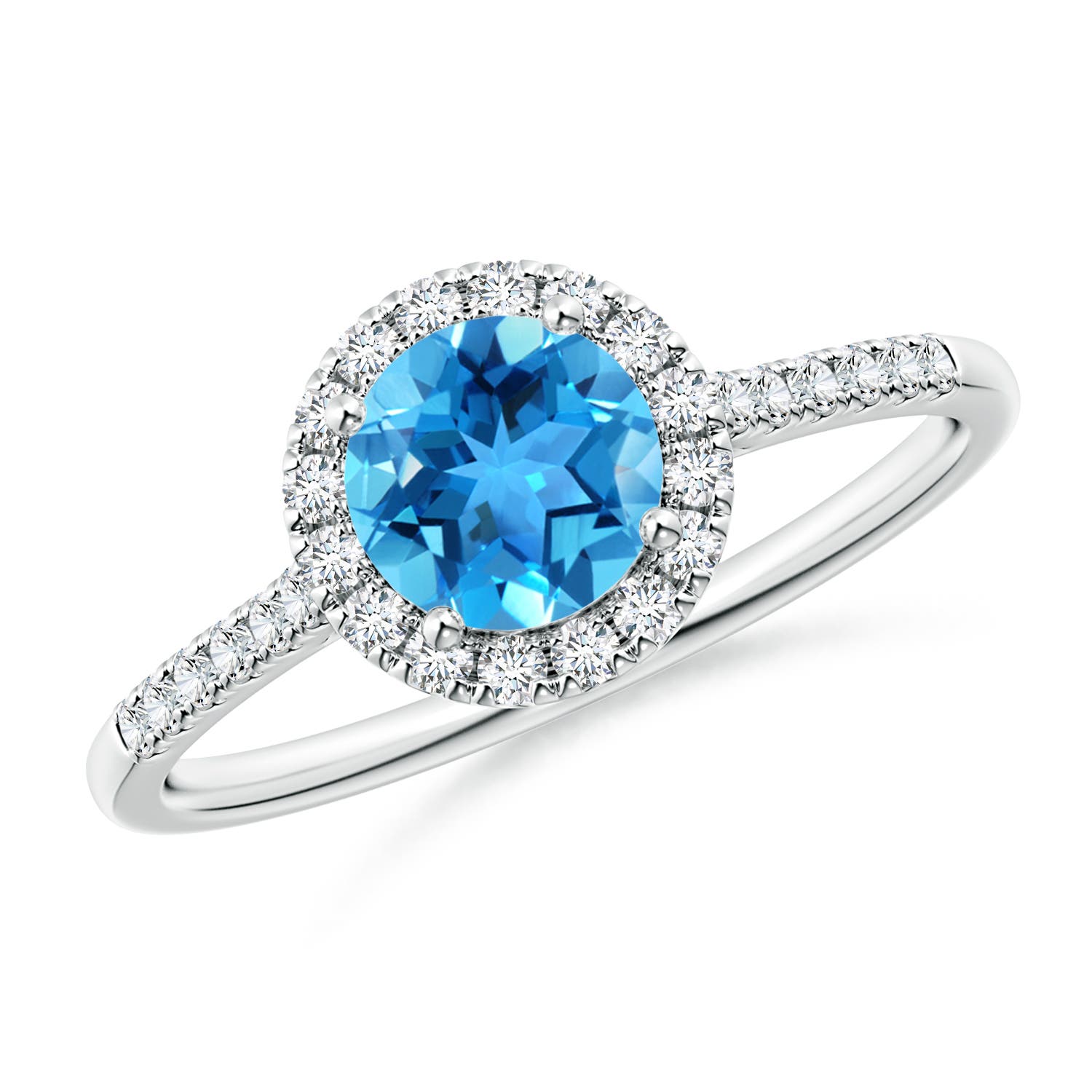 Angara 0.95 Carat Round Swiss Blue Topaz Halo Ring with Diamond Accents in Platinum