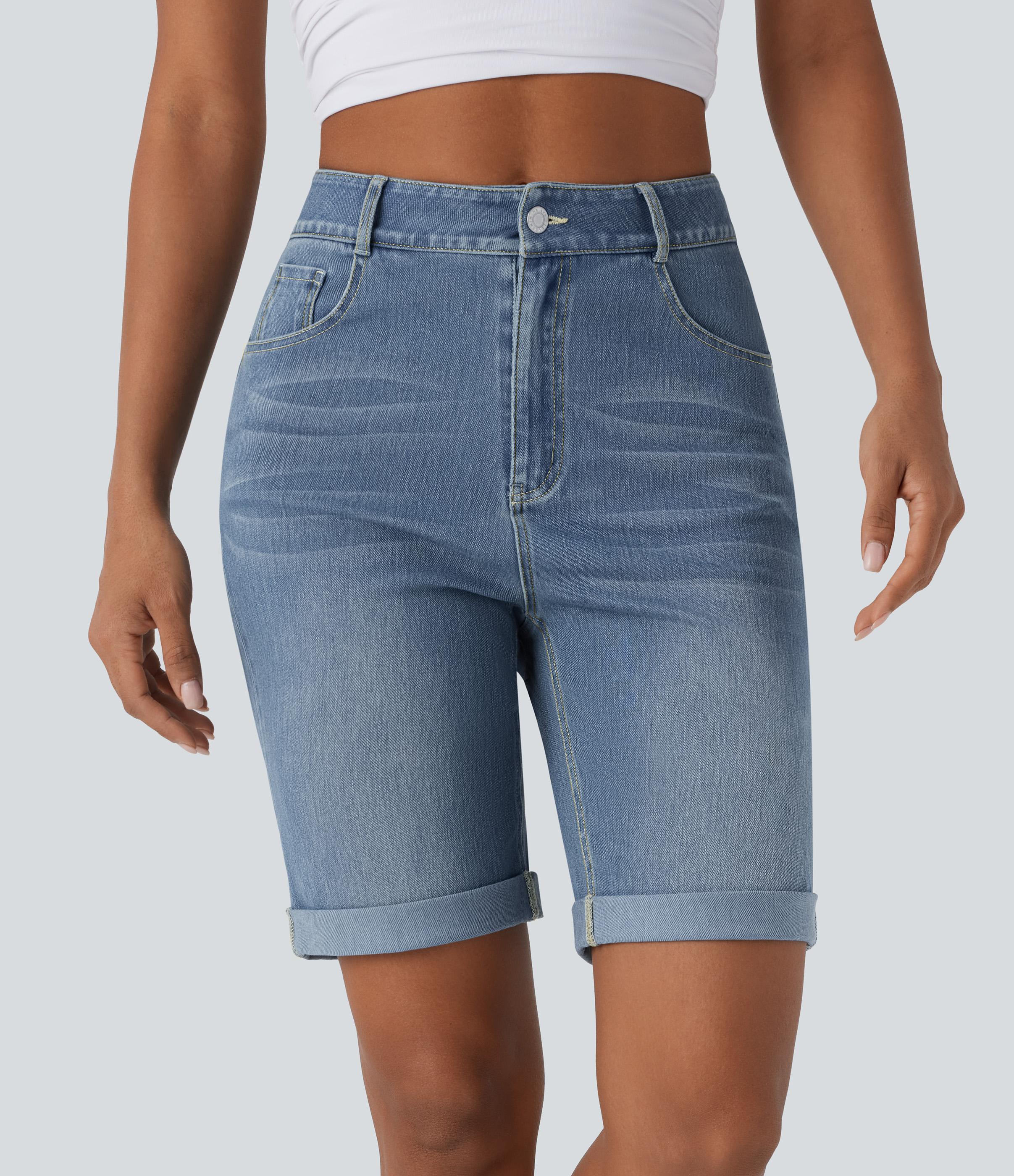 Flex™ High Waisted Pockets Rolled Hem Washed Denim Casual Bermuda Shorts  - Blue Spruce Denim