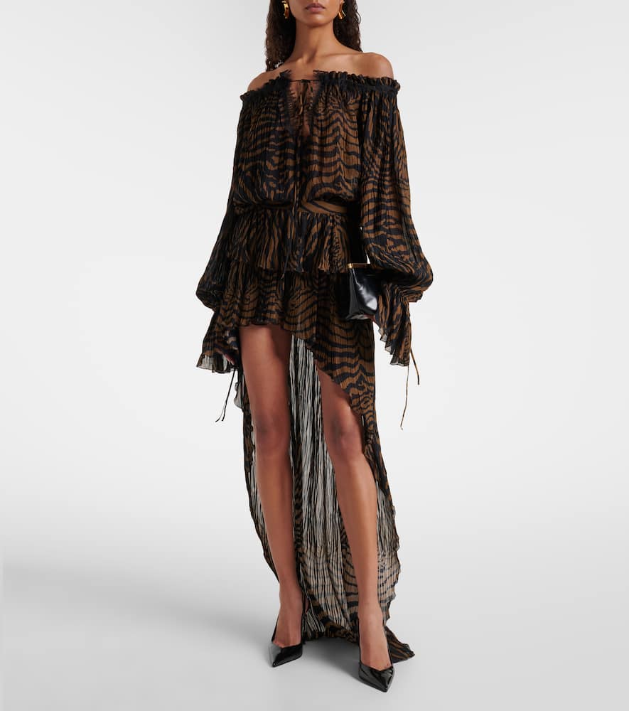Asymmetric ruffled printed miniskirt