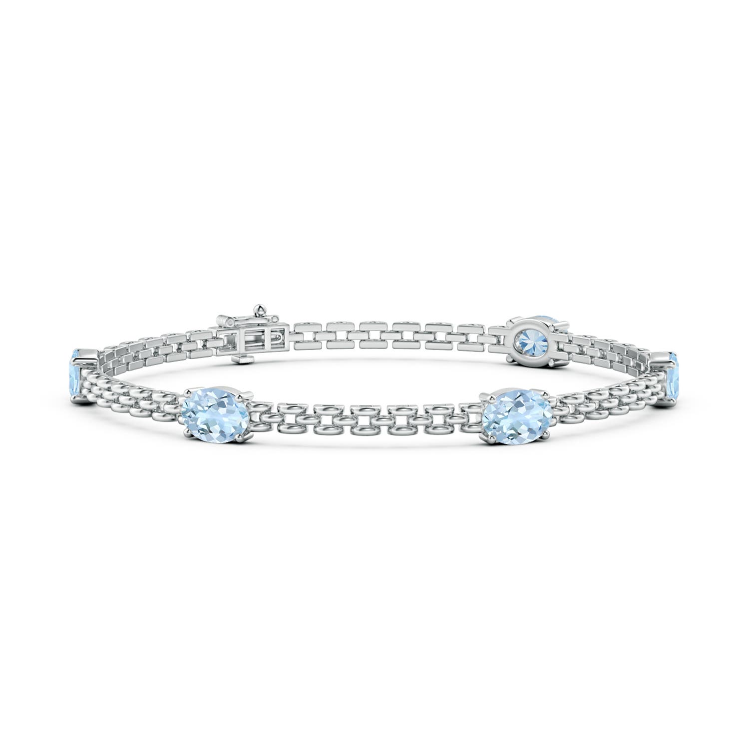 Angara 3.0 Carats Five Stone Oval Aquamarine Station Link Bracelet in 14K White Gold