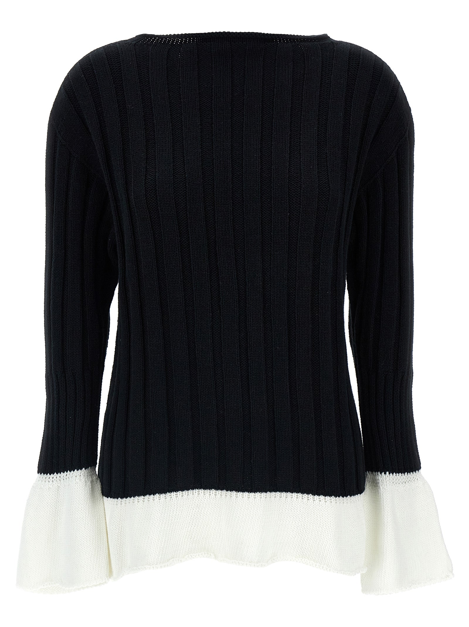 Ribbed Cotton with Crocheted Flounce Sweater — Black