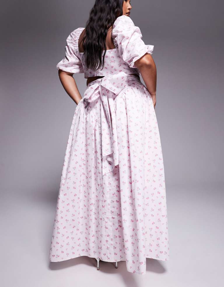 ASOS LUXE Womens Curve co-ord cotton sateen maxi skirt with bow back in ditsy floral - Multicolour